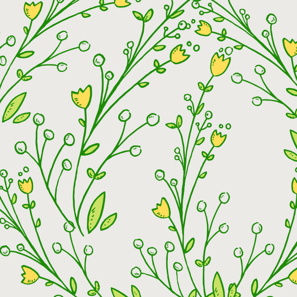 yellow and green illustrated flowers composed on grey background