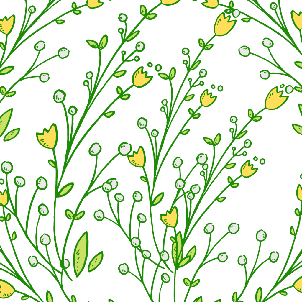 yellow and green illustrated flowers composed on white background