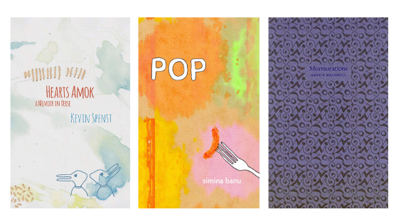three books of poetry on white background from kevin spenst, annick macaskill, and simina banu