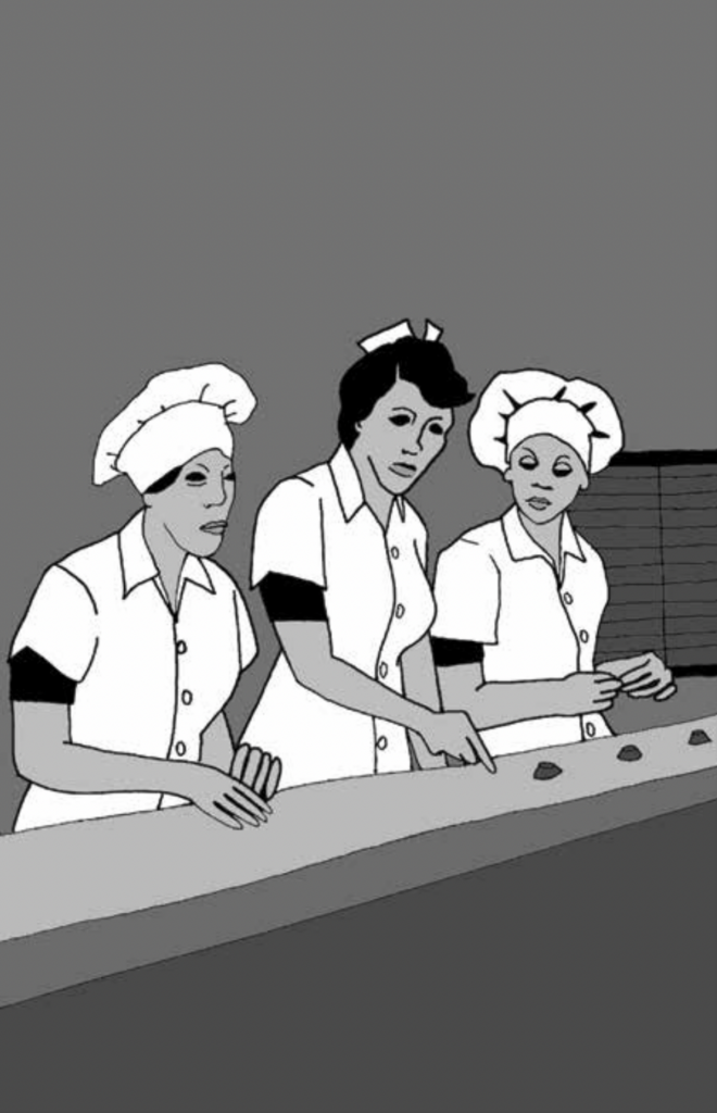 illustration of three women in chefs outfits touching chocolates on a conveyor belt